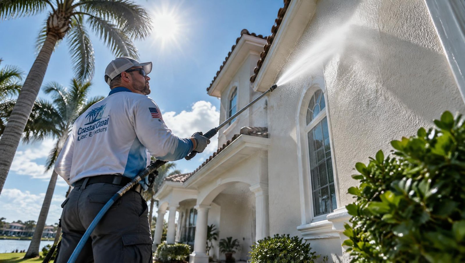 Technician washing the exterior wall of a Florida home