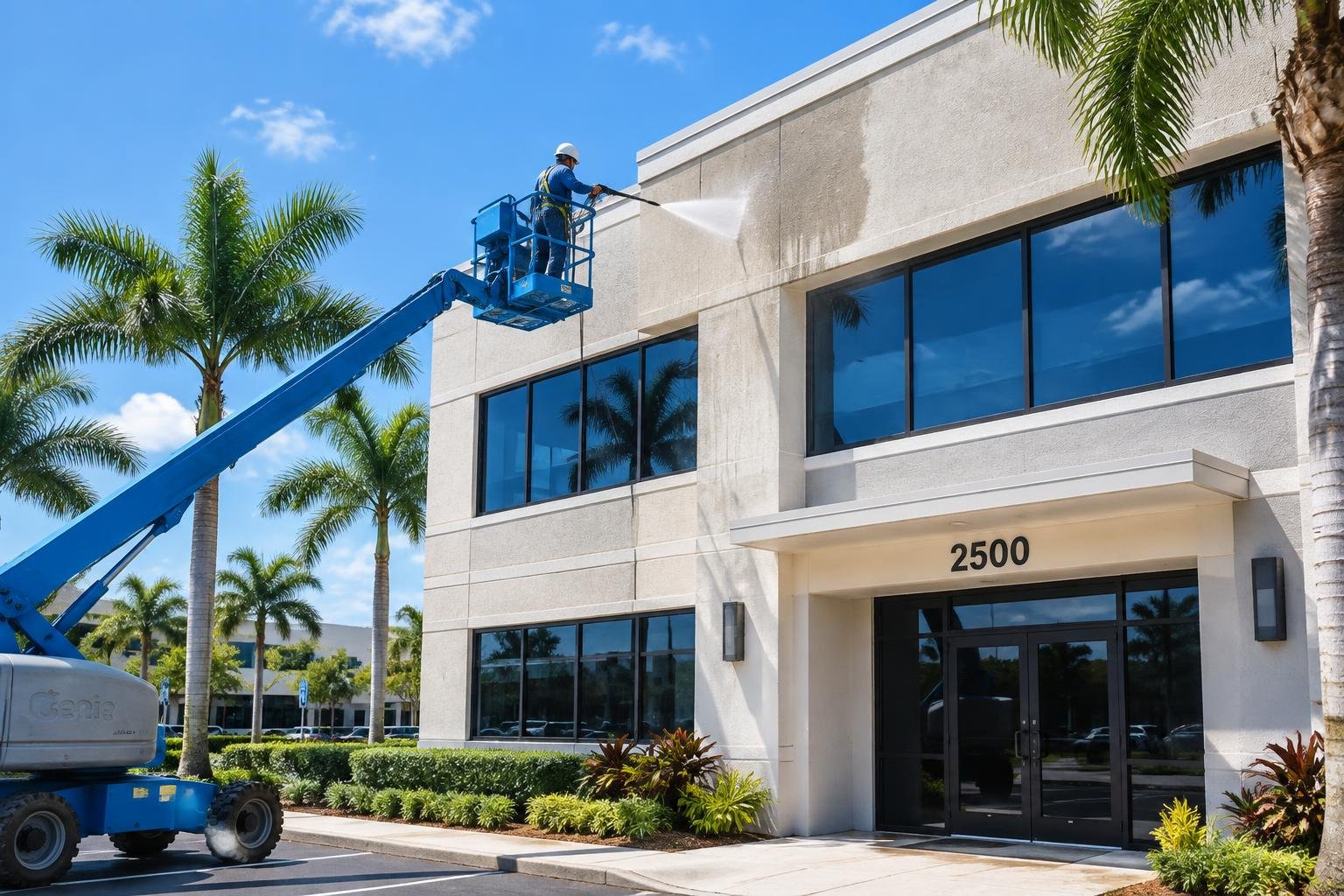 Technician washing the exterior wall of a commercial building