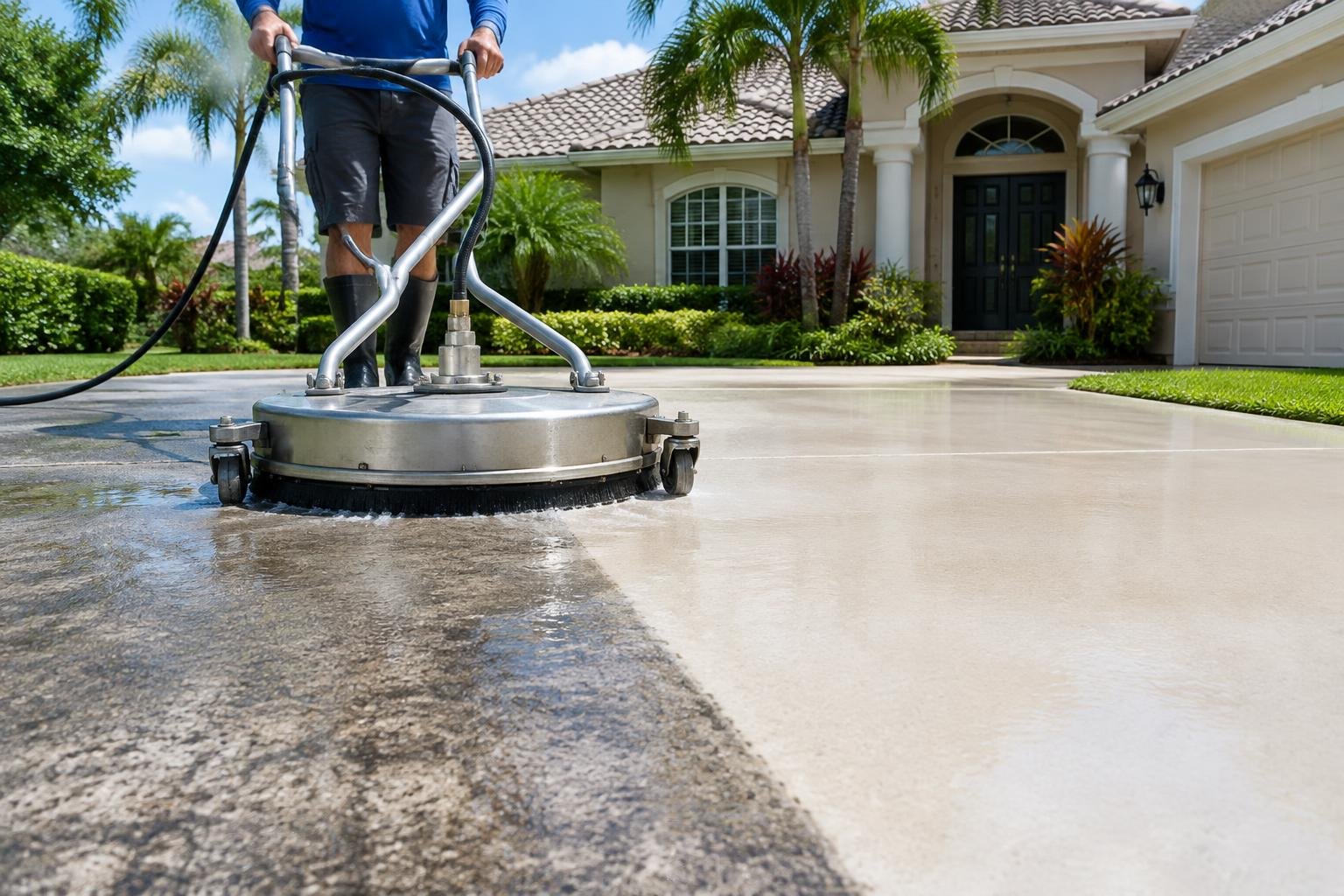 High-pressure cleaning of a stained concrete surface