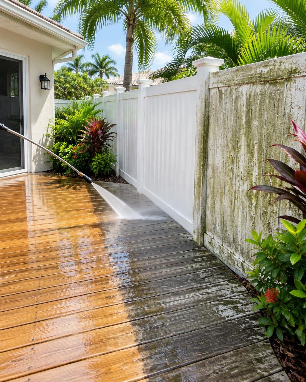 Wooden deck being cleaned beside a vinyl fence