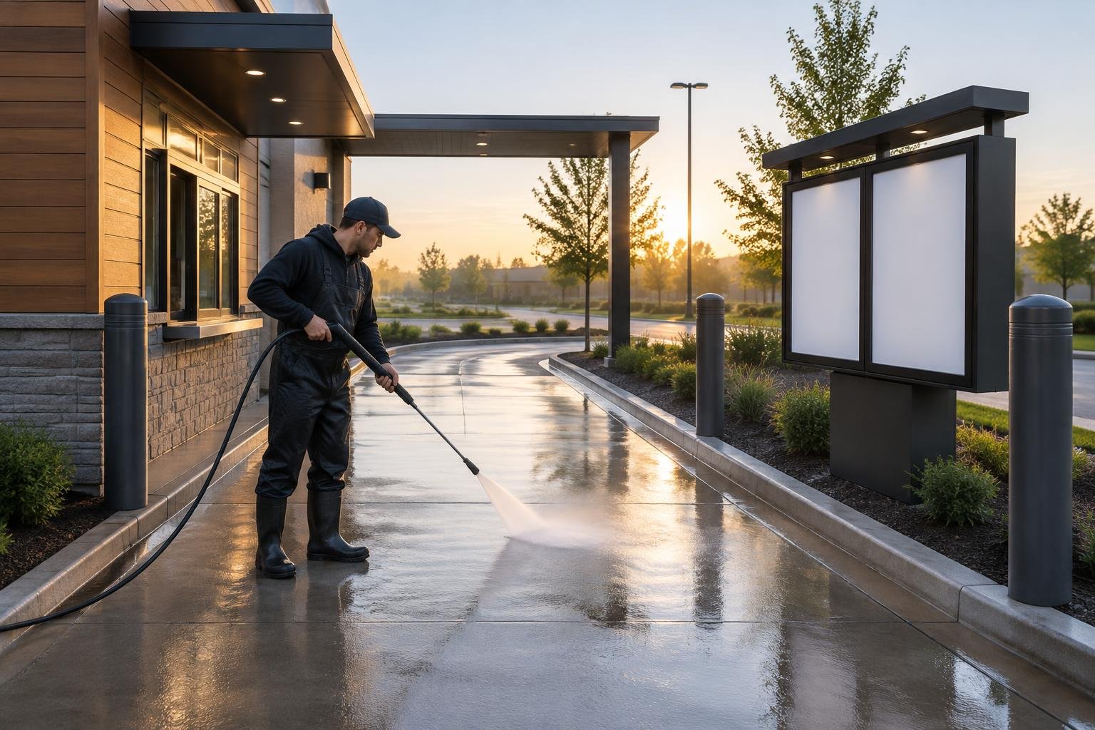Pressure washing a commercial drive-through lane at a restaurant