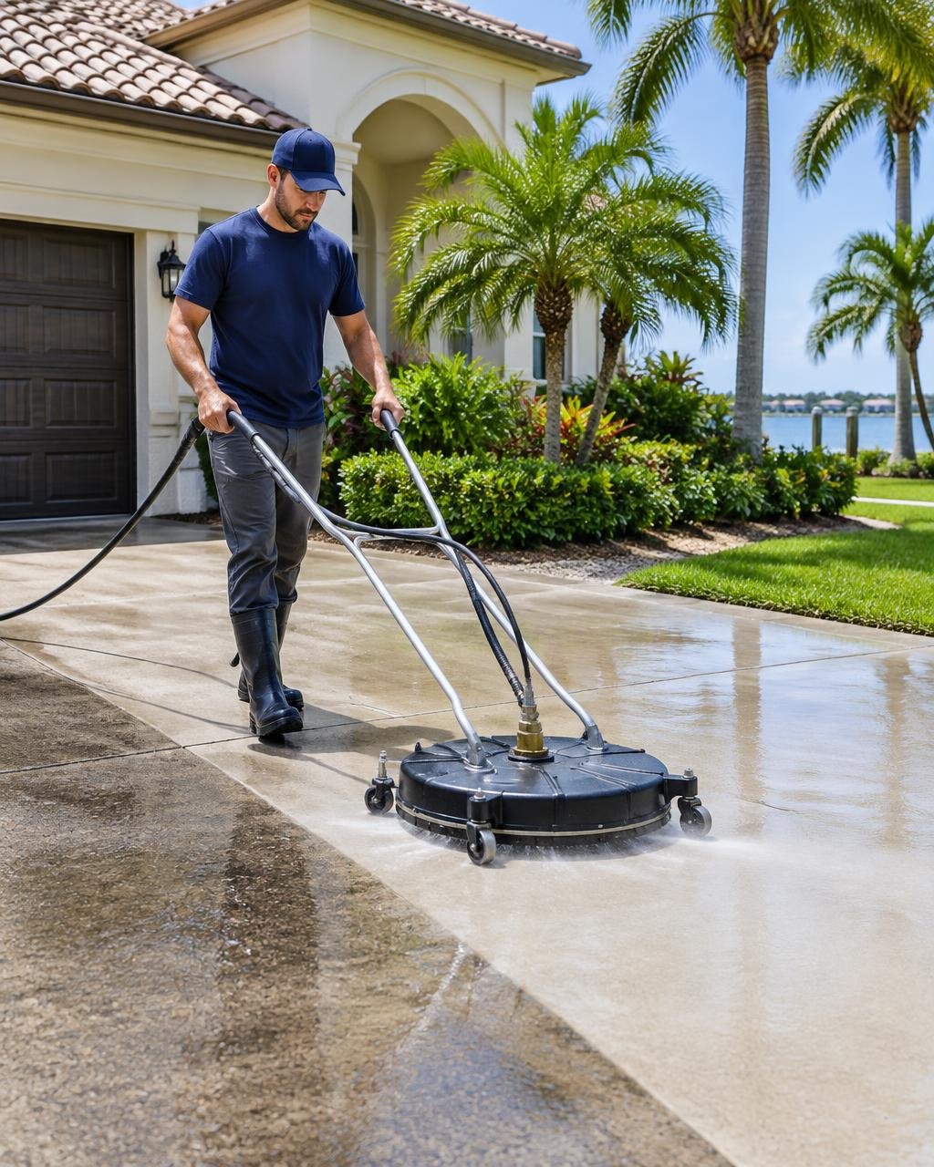 Surface cleaner restoring a concrete driveway