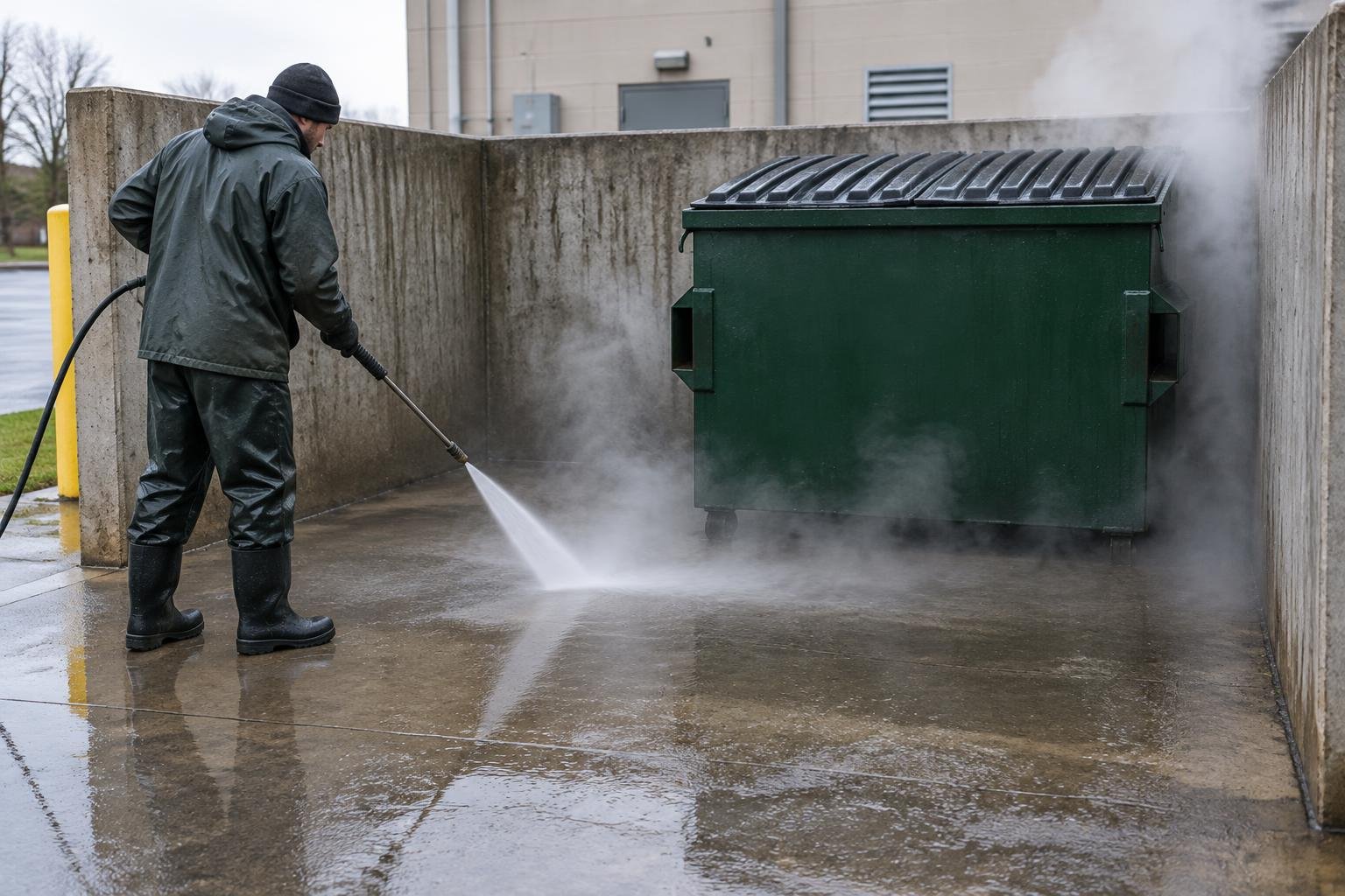 Concrete dumpster pad being pressure washed behind a business