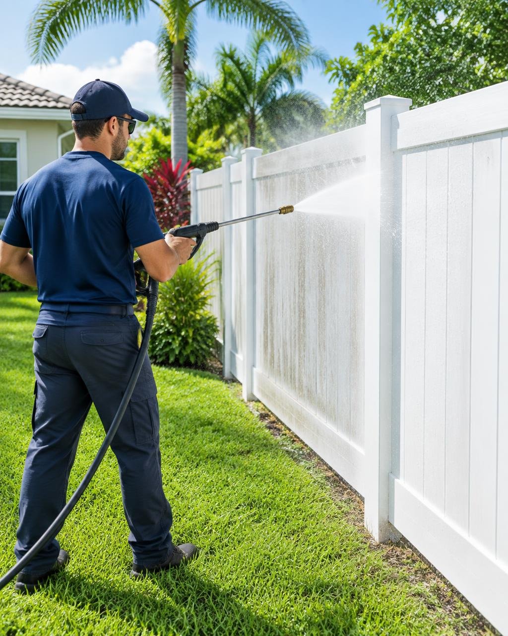 Pressure washing a white vinyl fence at a Florida home