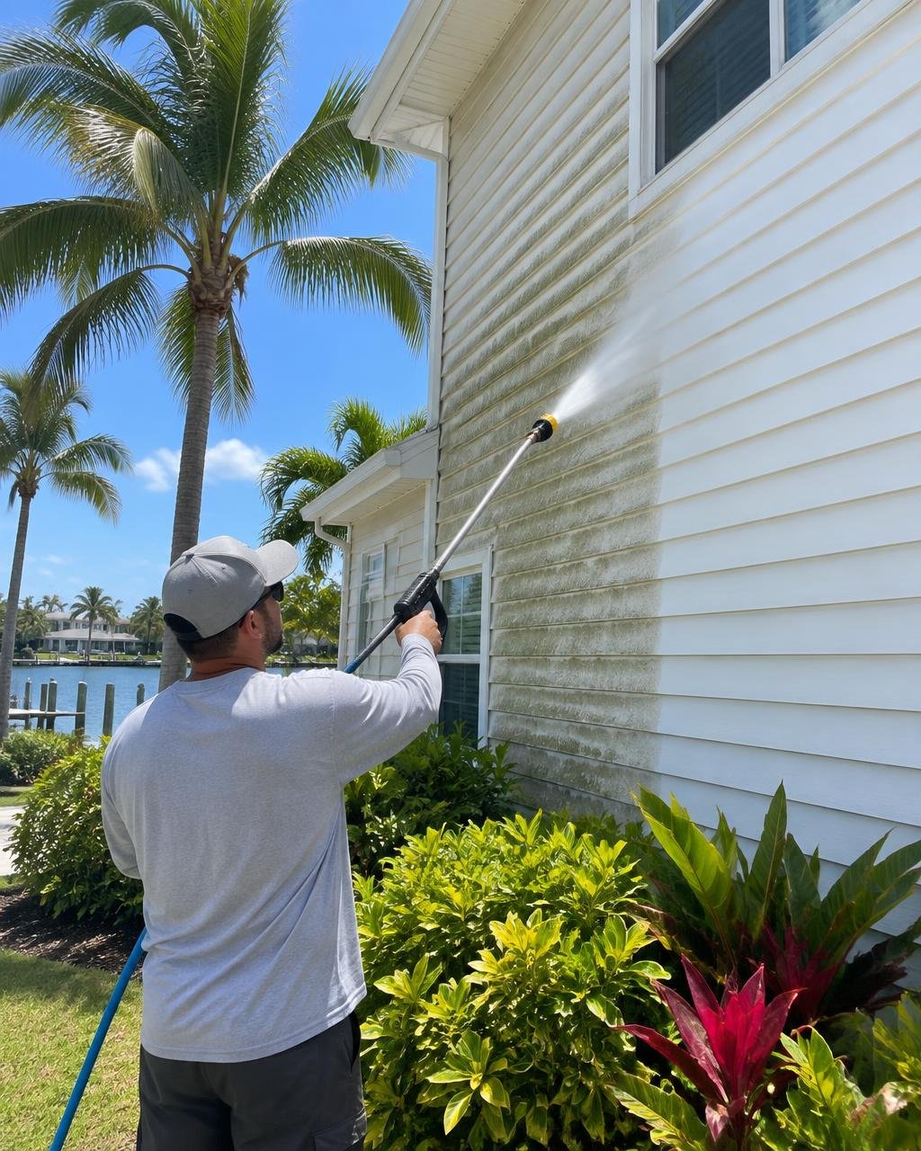 Soft washing the siding of a Florida coastal home