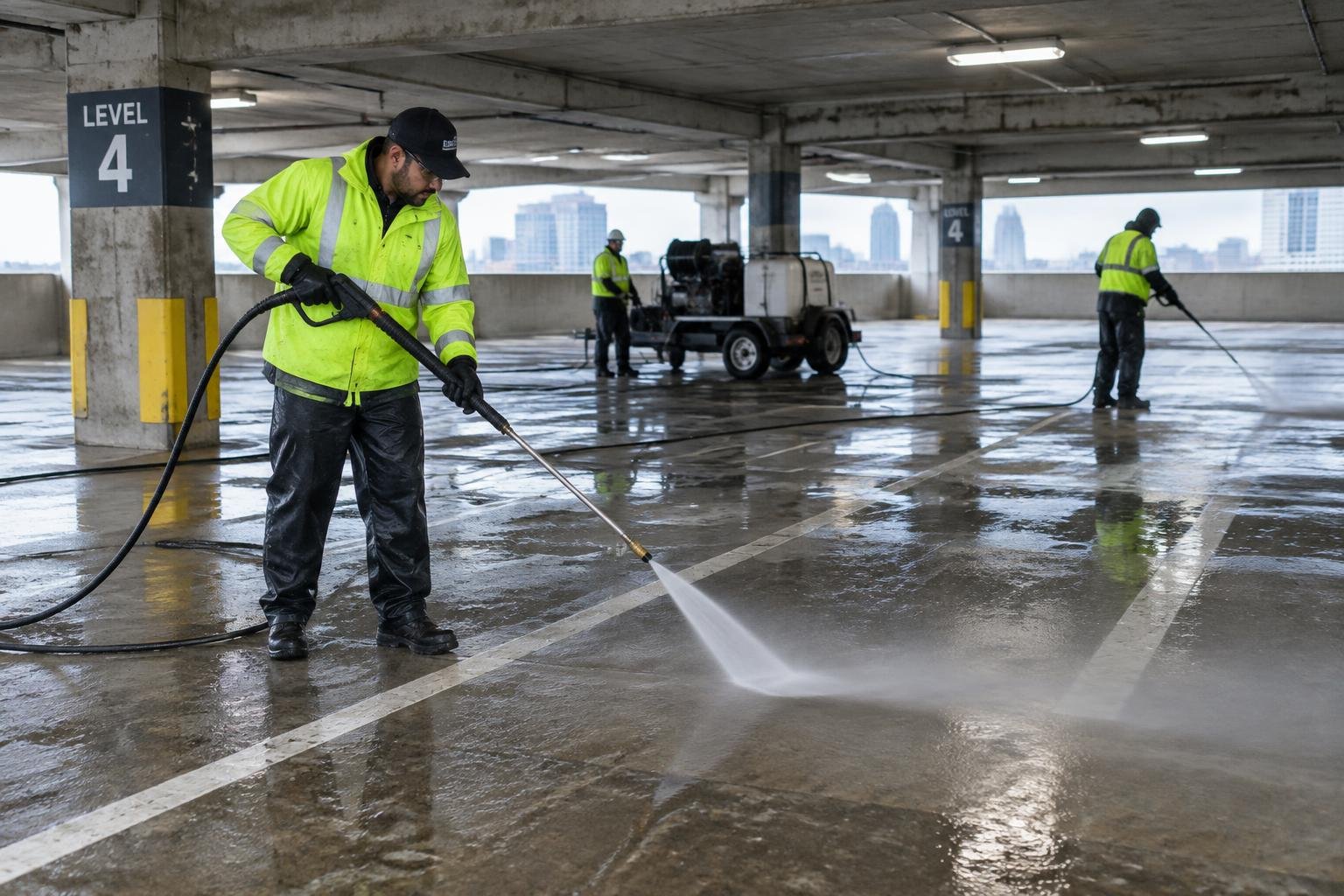 Parking garage deck being pressure washed