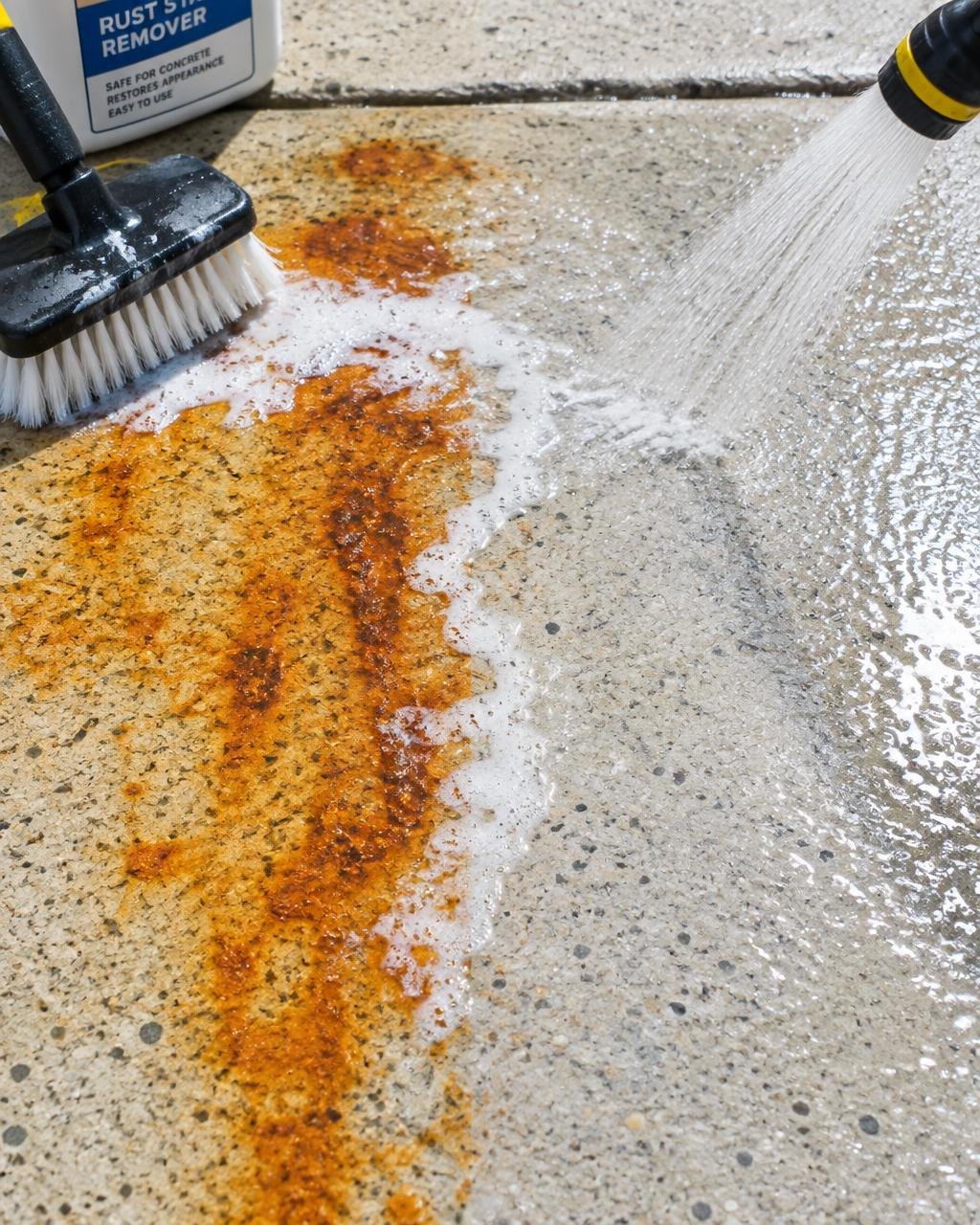 Rust staining being treated and rinsed from concrete