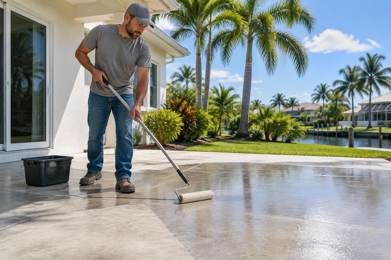Clear sealer being applied to a clean concrete patio
