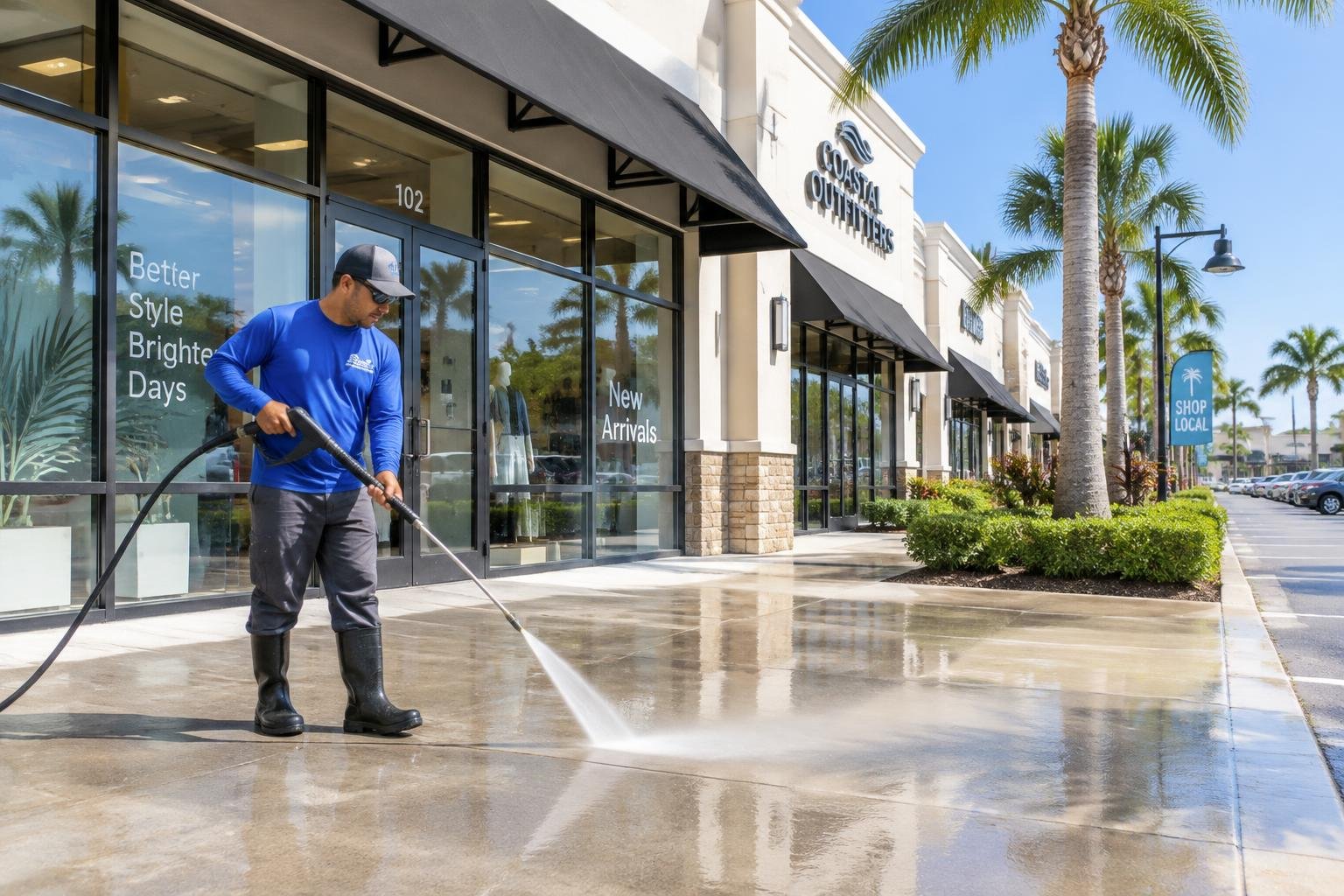 Sidewalk and entry cleaning outside a retail storefront